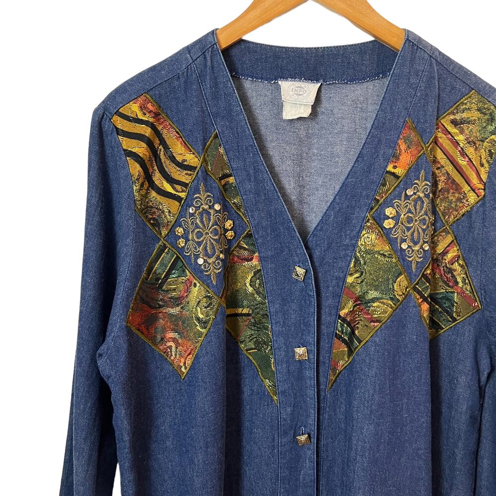 Vintage Denim Patchwork Button Down Shacket Size … - image 1